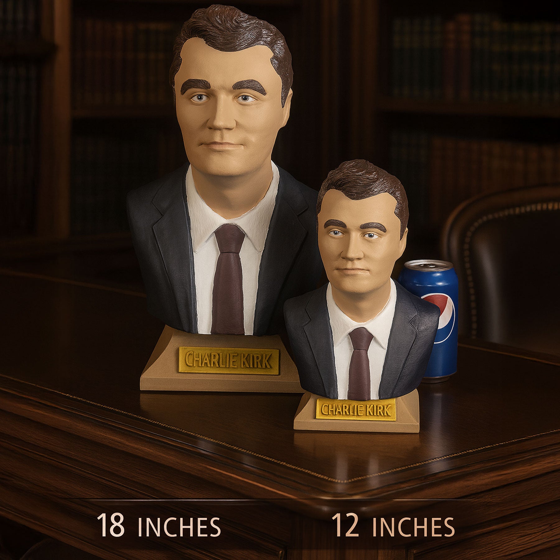 Charlie Kirk collectible bust set — 12 inch and 18 inch sizes side by side