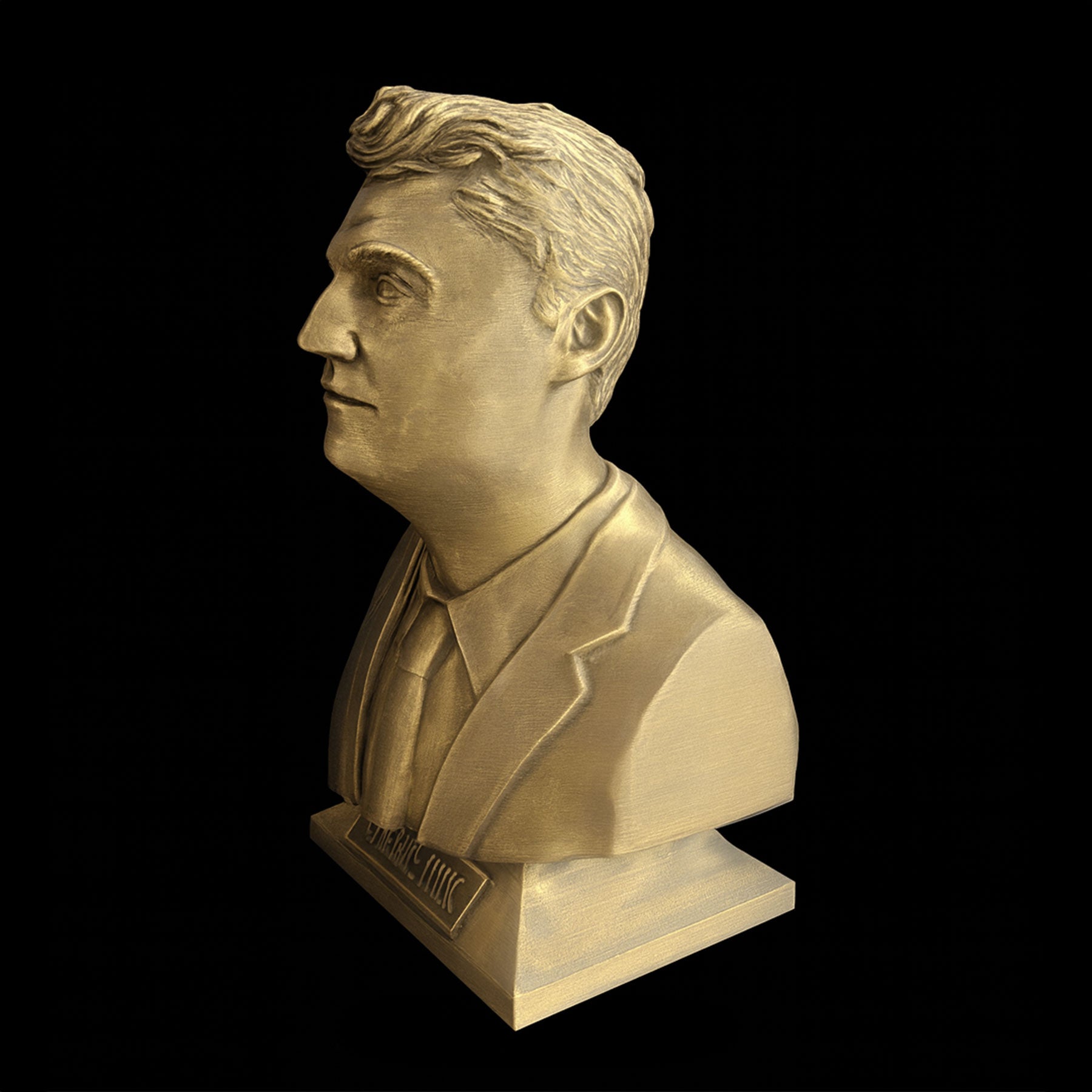 Charlie Kirk bust close-up — rich gold sheen and sculpted facial details