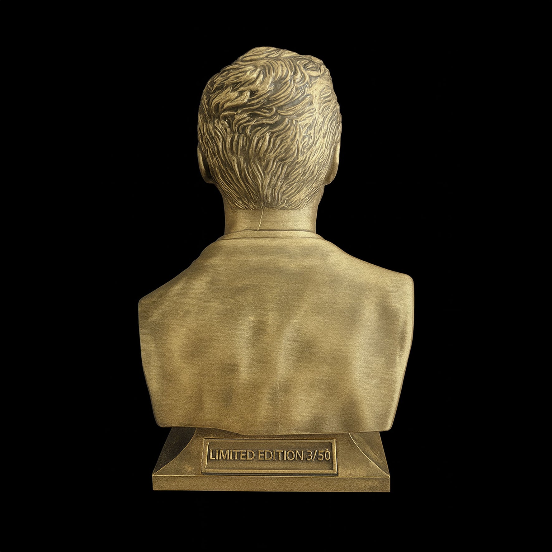 Charlie Kirk bust back view — gold finish with smooth protective clear coat