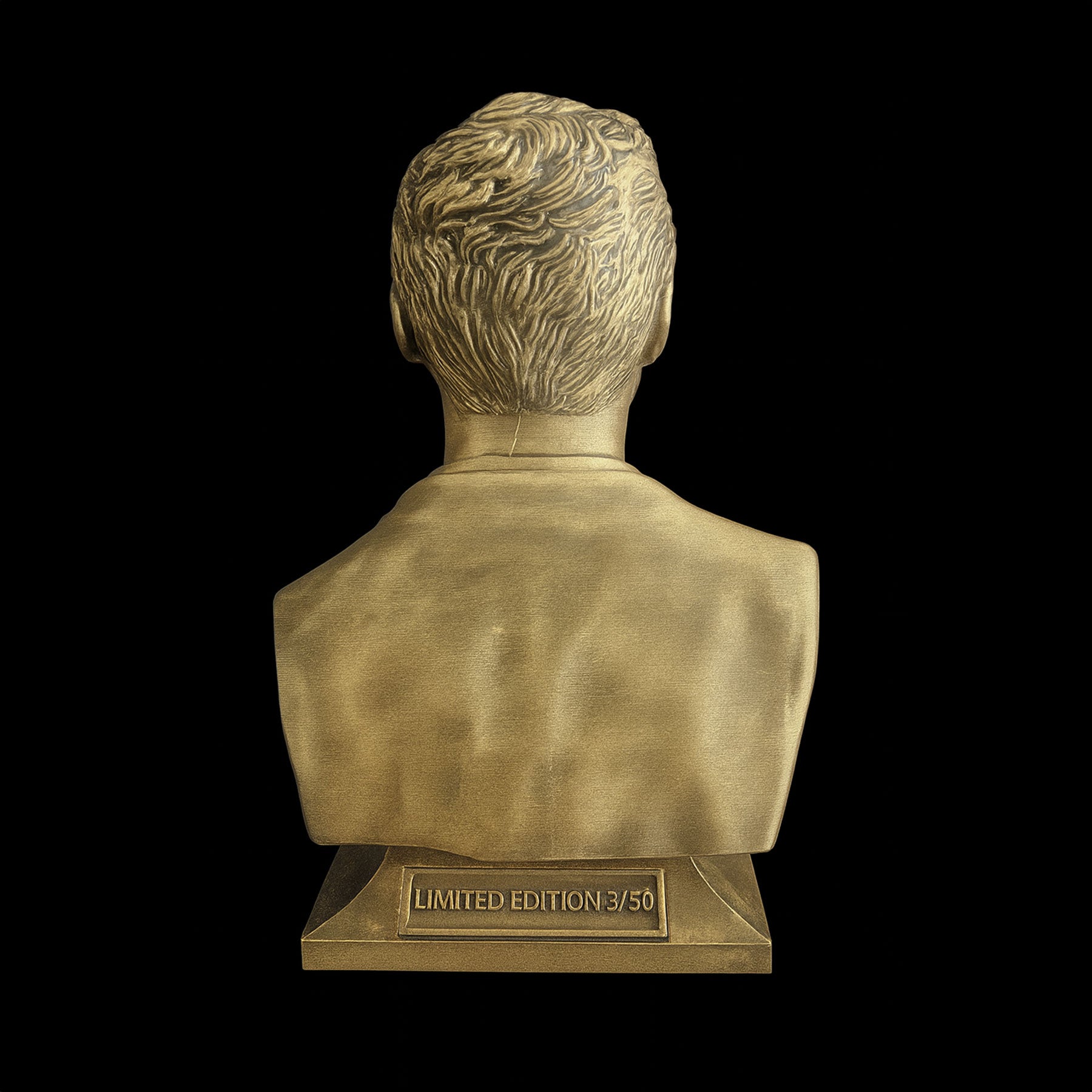 Charlie Kirk bust back view — gold finish with smooth protective clear coat