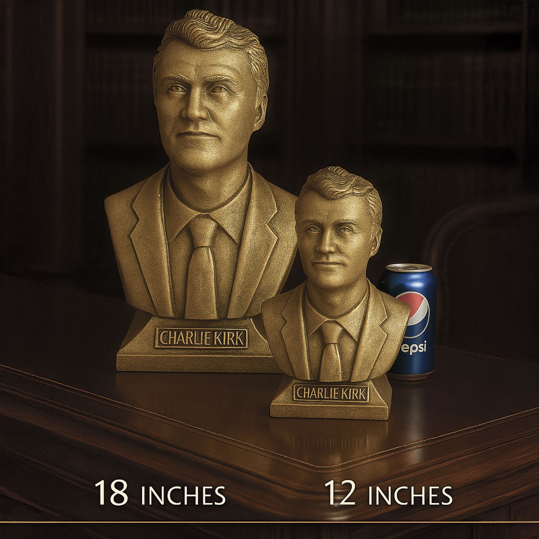 Charlie Kirk gold edition busts — 12 inch and 18 inch size comparison on desk