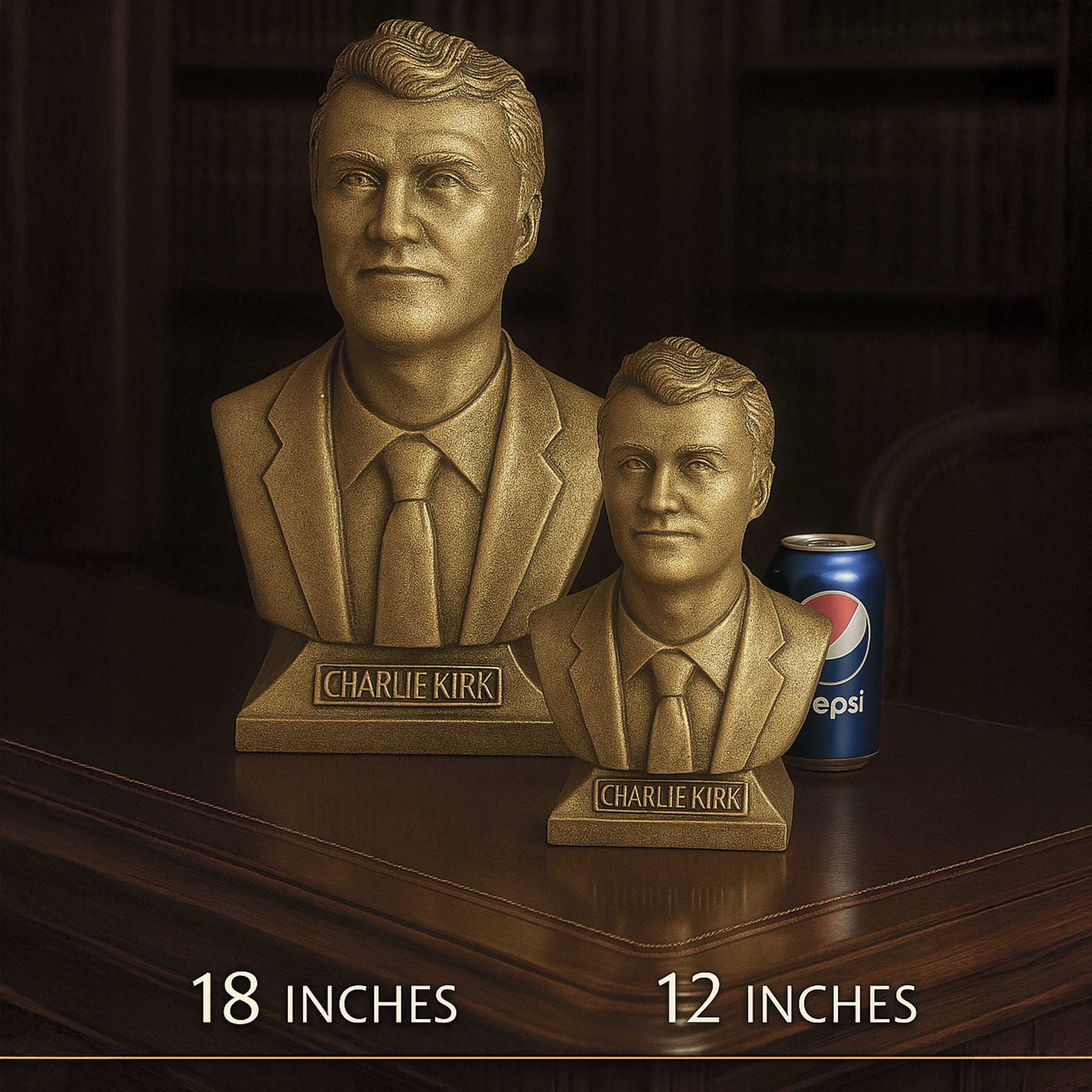 Charlie Kirk gold edition busts — 12 inch and 18 inch size comparison on desk