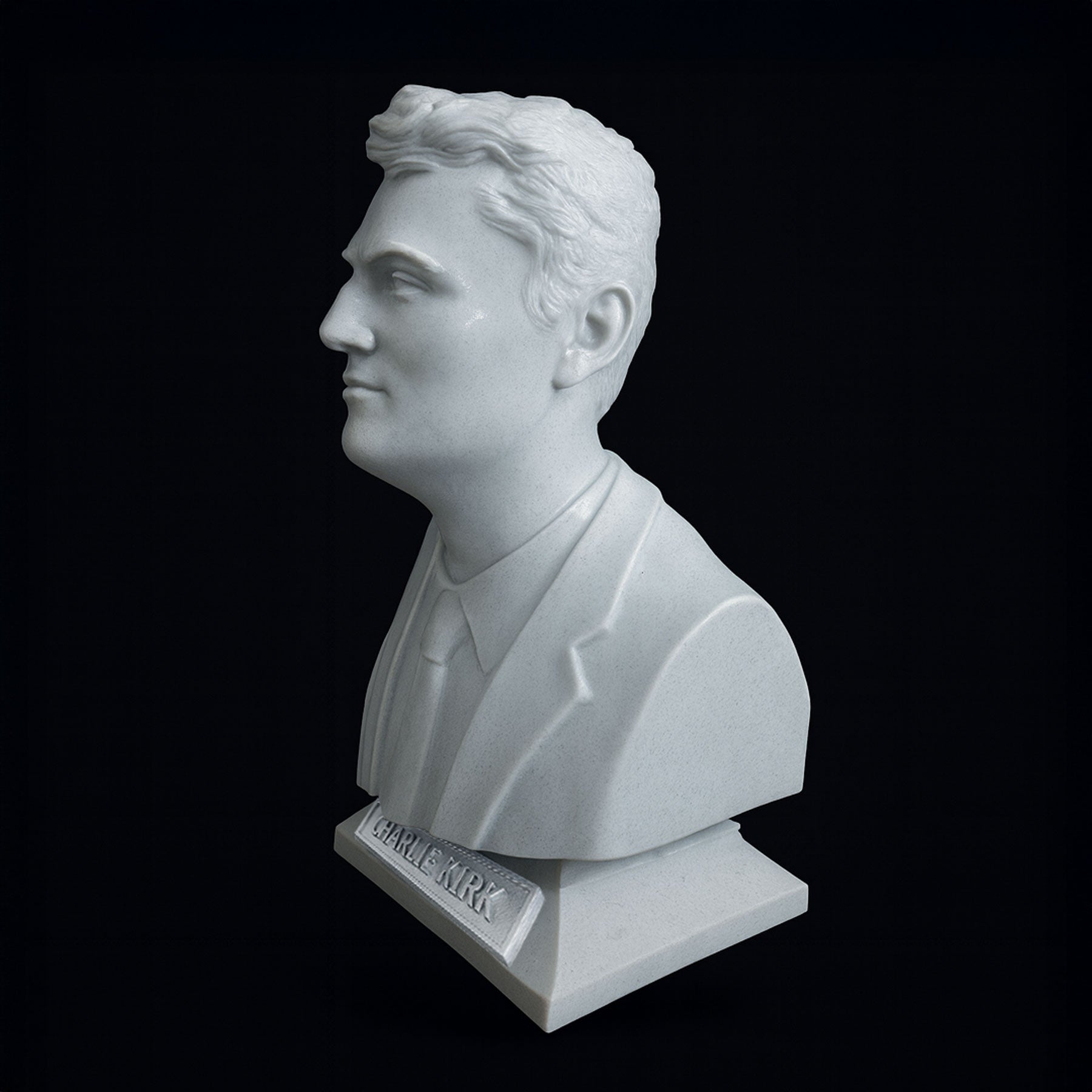 Charlie Kirk bust detail close-up — clean matte white surface and crisp sculpt