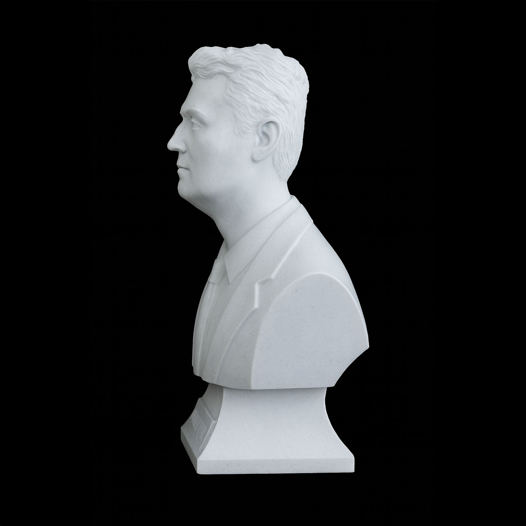Charlie Kirk bust side profile — white marble effect with sharp contours