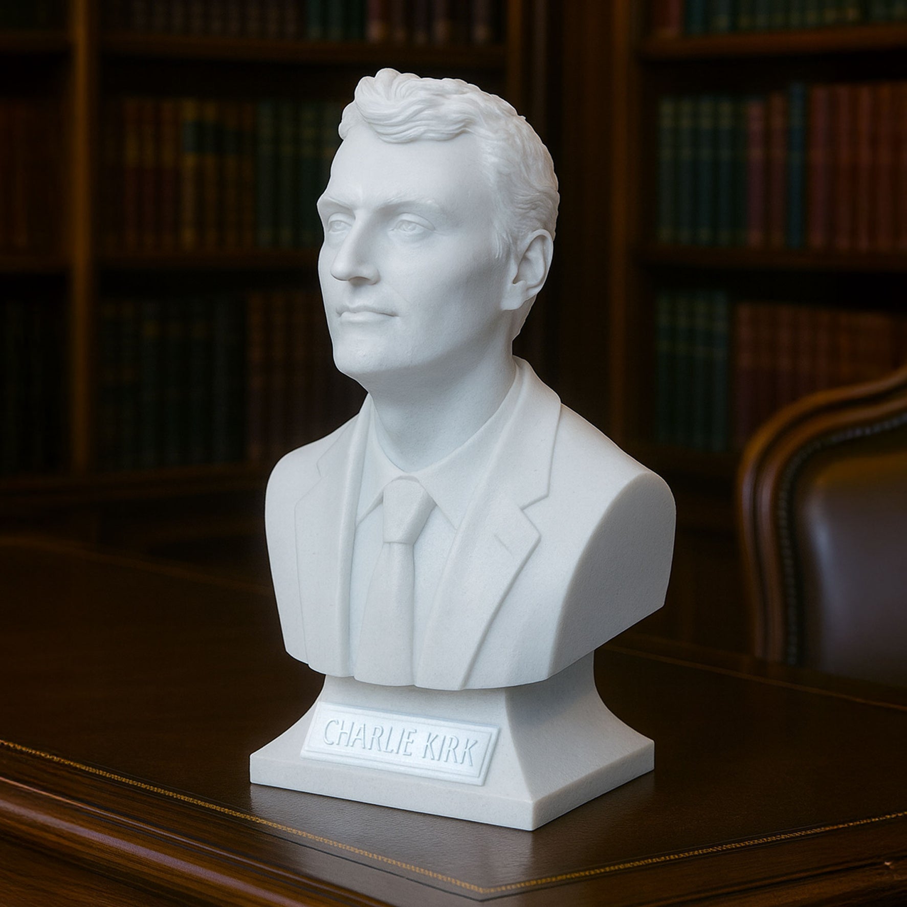 Charlie Kirk marble bust collectible — classic white finish front view on desk
