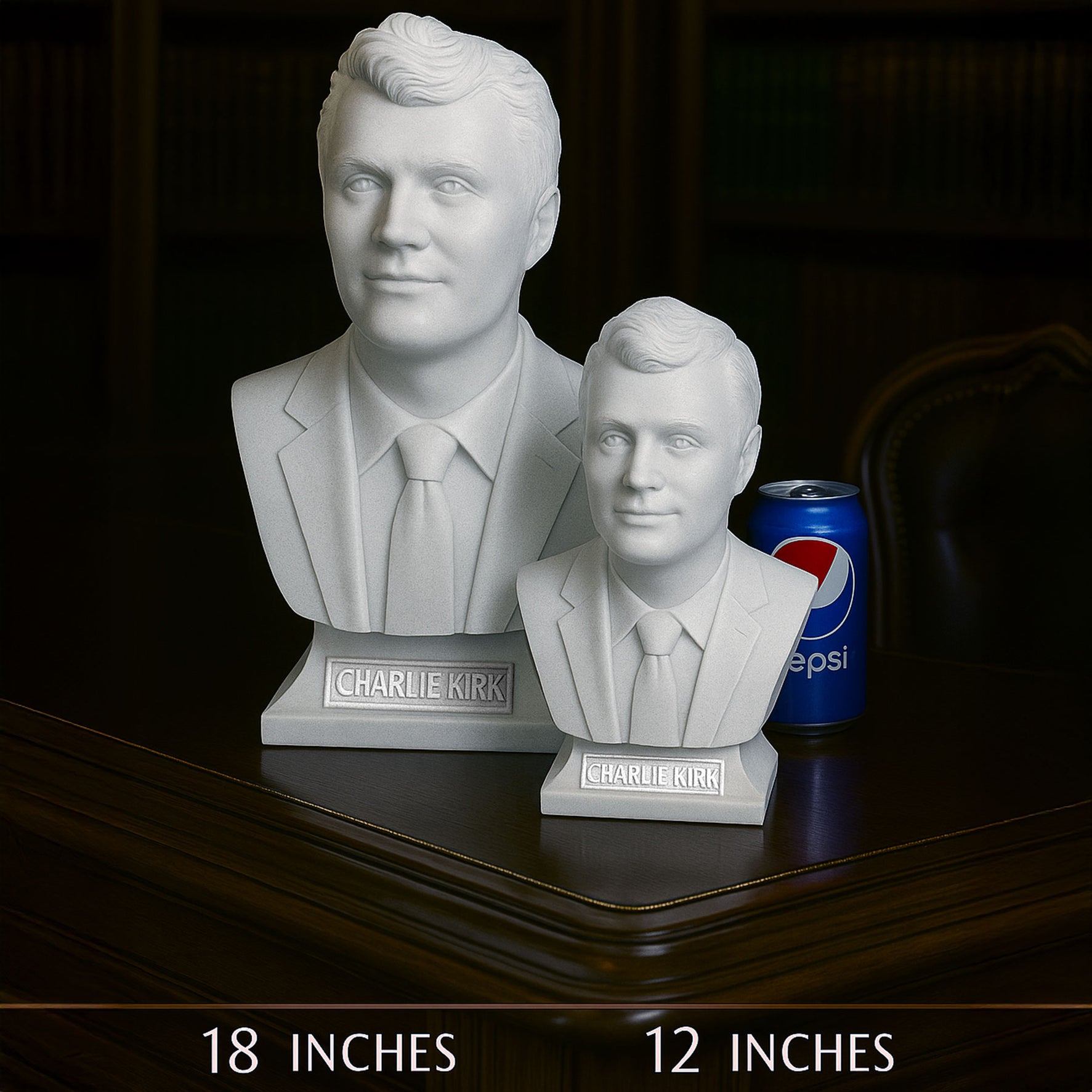 Charlie Kirk marble edition busts — 12 inch and 18 inch size comparison