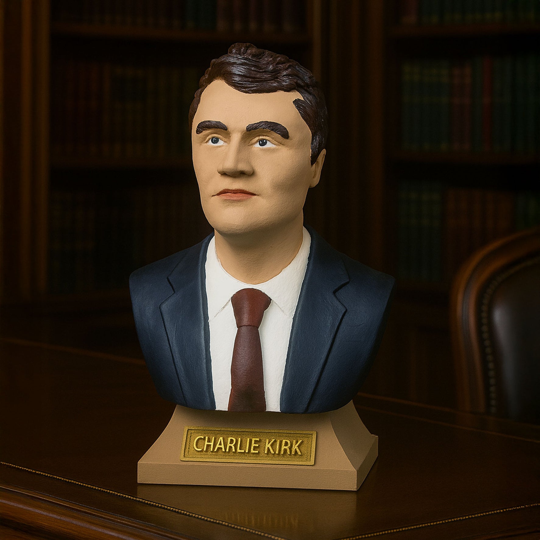 Charlie Kirk bust hand-painted limited edition — front view on desk with books background